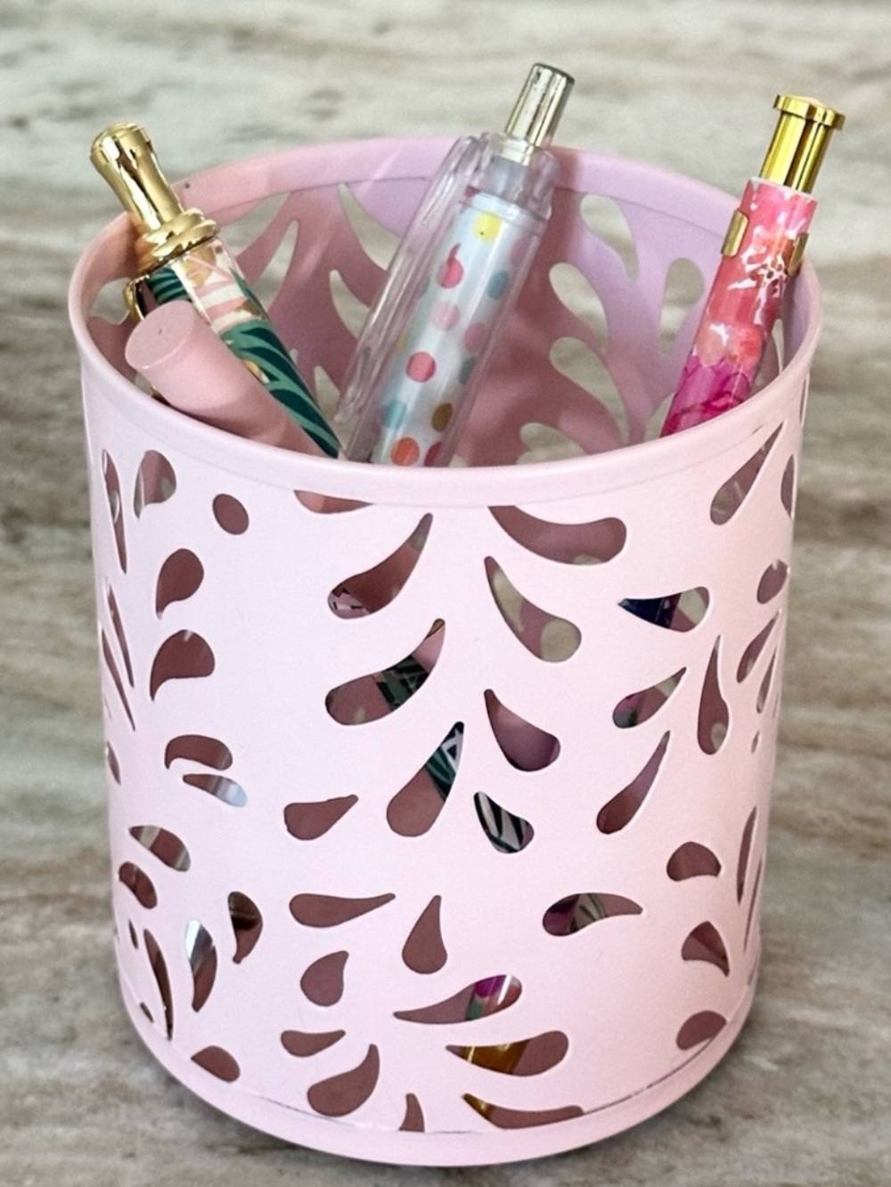 Pen / Pencil Holder Cup & 4 Pens Set -Flowers, Polka Dot -Home Office Desk Decor